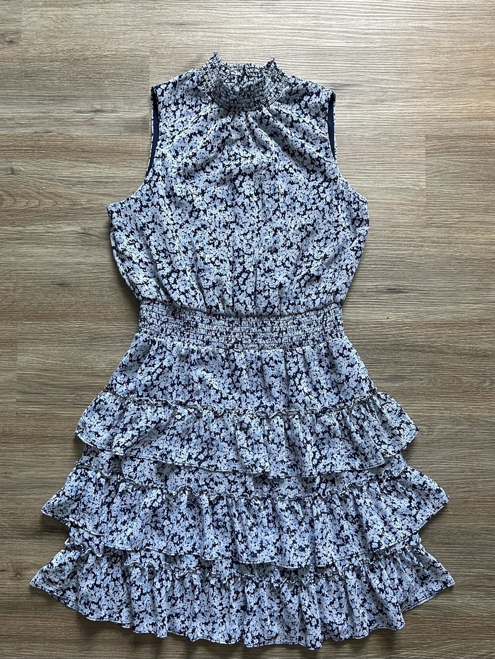 MSK Petite Navy and White Smocked Neck Floral Top